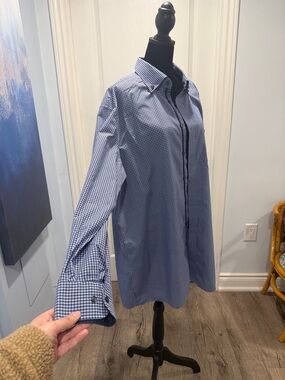 Men's Blue Gingham Dress Shirt - Classic Button Front (Size 46/2XL)